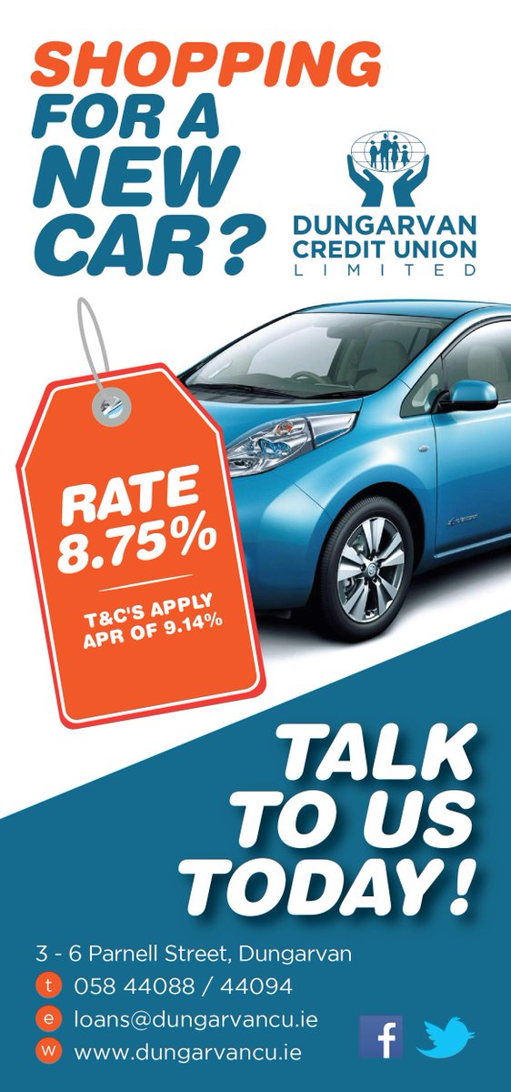 CairdeCU's tweet photo. Shopping for a car loan, then check out Dungarvan Credit Union #carloan #creditunionloan #loanprotection #reg162 https://t.co/uBHkPzI8km