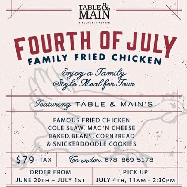 TableAndMain's tweet photo. ACCEPTING ORDERS OVER THE PHONE NOW!!
678.869.5178
#friedchicken #IndependenceDay #TableandMain #july4th https://t.co/uaNv9Uq59c