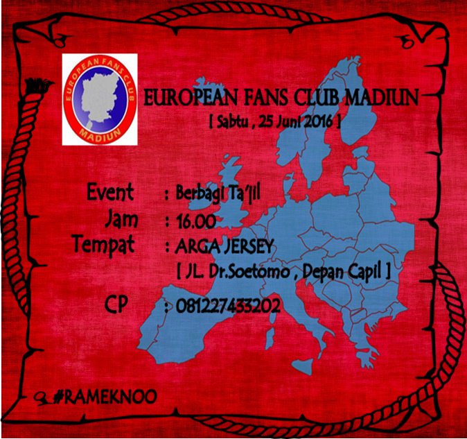 EFC Madiun Present
🍣 Berbagi Ta'jil
📆 Sabtu 25/06/16
📌 Arga Jersey
🕓 04 PM
📱 081227433202
📥 <a href="/Madrid_Madiun/">Madridista Madiun</a>