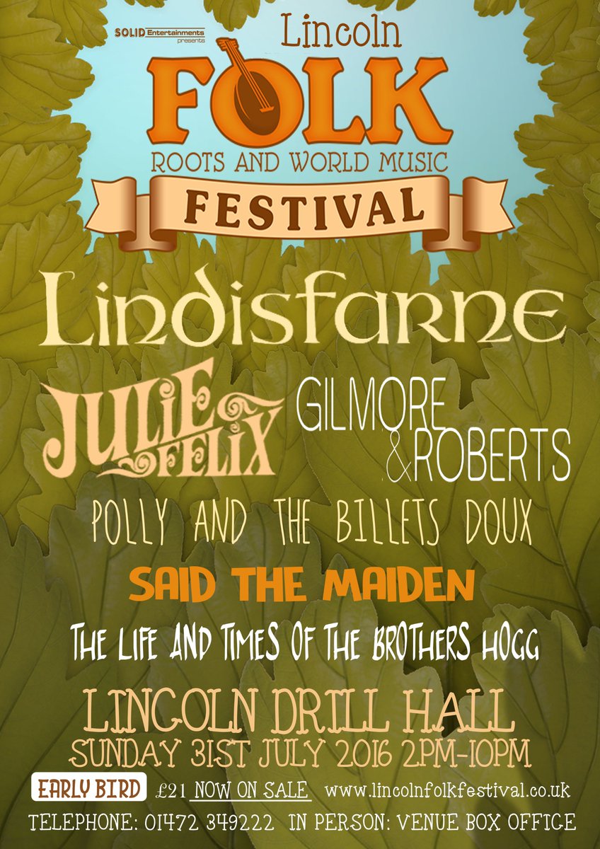 SimmondsMusic's tweet photo. Don't forget to get your tickets for the the Lincoln Folk Festival at the Drill Hall - 31st July! #folkmusic https://t.co/Y0wwCj0rLO