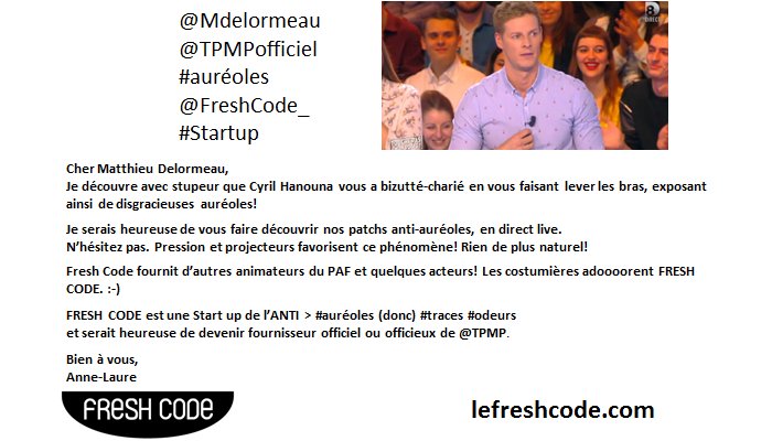<a href="/FRESHCODE_/">Fresh Code</a> #startup de l' #auréole futur fournisseur officiel officieux de <a href="/Mdelormeau/">Matthieu Delormeau</a> @TPMP ?! #transpiration