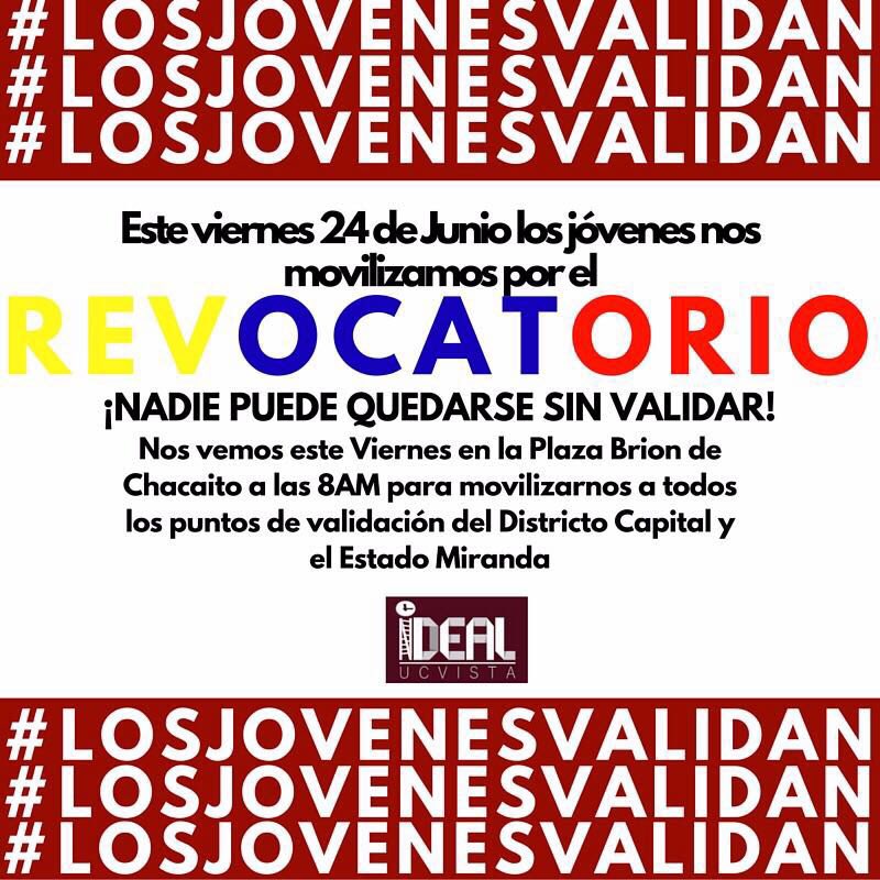 IdealUCVista's tweet photo. Hoy culminamos el proceso de validación con la #OperaciónRemate. ¡Nos vemos en la Plaza Brión! #LosJóvenesValidamos https://t.co/yN2XWzYxWQ