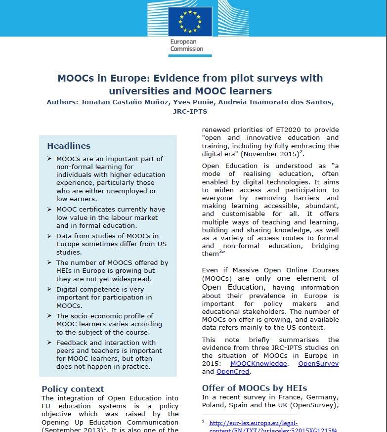 aisantos's tweet image. EC JRC IPTS Policy brief on MOOCs
ec.europa.eu/jrc/sites/defa… #oer #openeducation #MOOCs