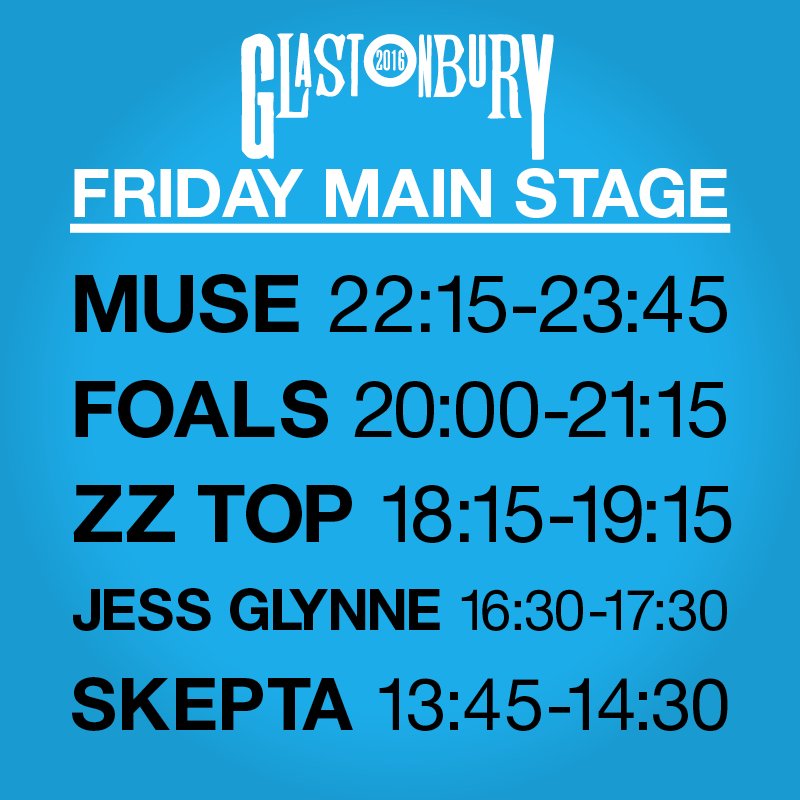 NME's tweet photo. #Glastonbury2016 - here's today's line-up for the Main Stage. Screenshot for easy checking later! https://t.co/FDqyL8c0Nn