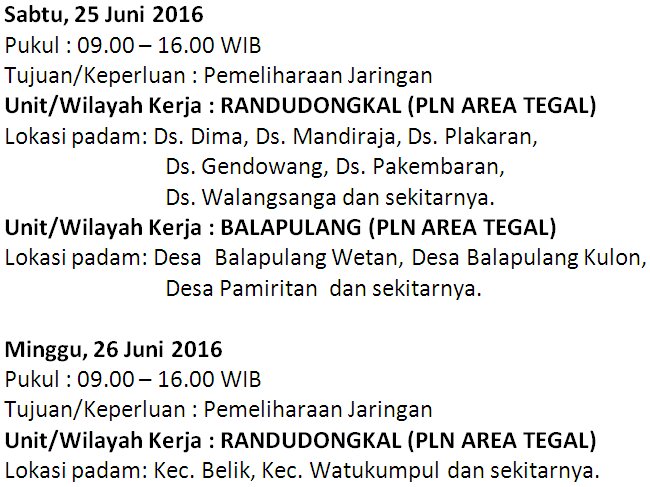 plnuidjateng's tweet photo. #infoPLN #Pemeliharaan #Listrik|Sbt&amp;Mgu,25&amp;26 Juni16 @ganjarpranowo @infotegal @JatengTwit @IniBumiayu @Info_Dongkal https://t.co/jHiDaIYpeW