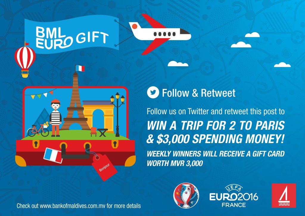 bankofmaldives's tweet photo. Follow us on Twitter &amp; Retweet this to win a trip for 2 to Paris with $3,000 spending money! #BMLEuroGift #EURO2016 https://t.co/BiKHOe7Kc1