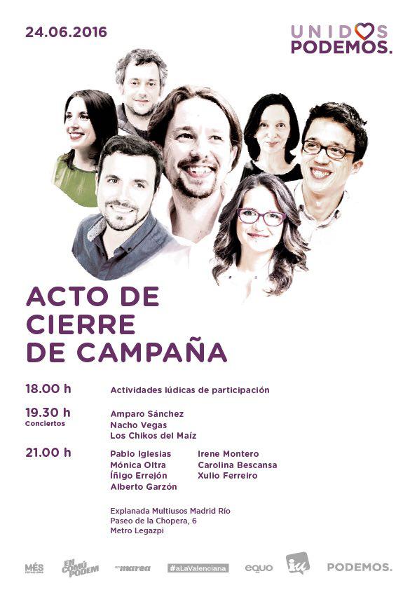 PODEMOS's tweet photo. Esta tarde celebramos en Madrid Rio el cierre de campaña. Te esperamos a partir de las 18:00. #LaSonrisaDeUnPais https://t.co/KR6TbfKtsr