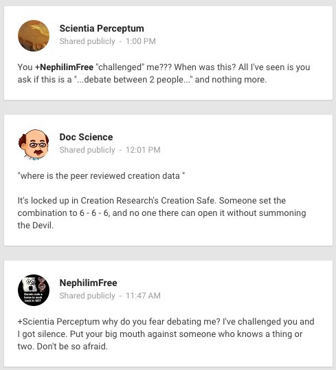 ScientiaPercept's tweet image. It looks like @NephilimFreeYou now wants to "debate" the #creationist Noachian #FloodMYTH as well.

Anyone else???