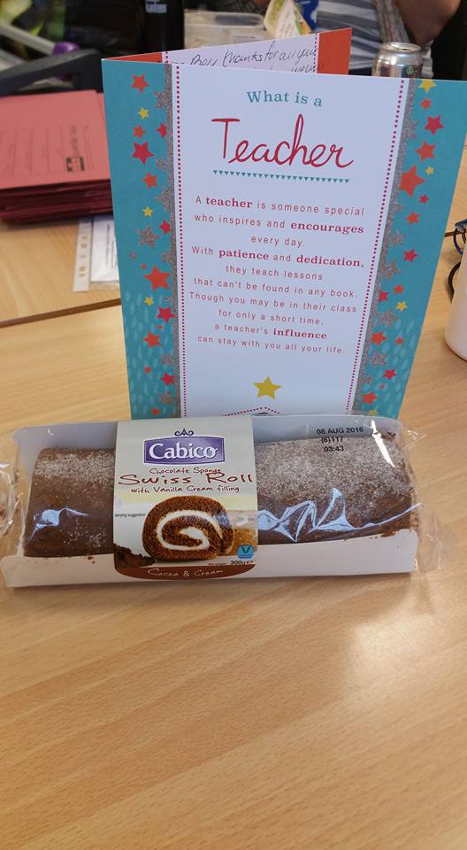 StRobertsDrama's tweet photo. Miss B had an emotional last lesson with Year 10 today #ThankYou #EveryoneLovesaSwissRoll https://t.co/b7M1HxLX2F