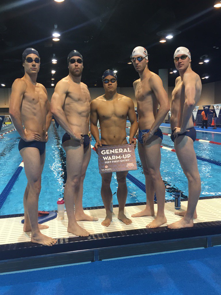 PennSwimDive's tweet photo. Grant Proctor, Brendan Mchugh, Kyle Yu, Mark Andrew, and Alex Peterson pre Warm Up at Olympic Trials! #SwimTrials16 https://t.co/H14wwHhpCm