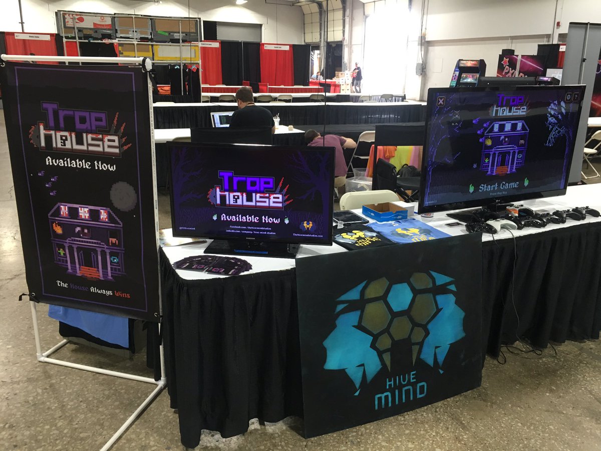 OGHiveMind's tweet photo. All set up @TooManyGames for day 1! Come play Trap House for a chance to win some loot! #indiegame #pushyourfriends https://t.co/uLX0cegeZM