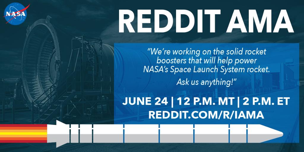 NASA's tweet image. At 2pm ET: Ask the engineers anything about @NASA_SLS rocket boosters during a @Reddit_AMA: reddit.com/r/iama