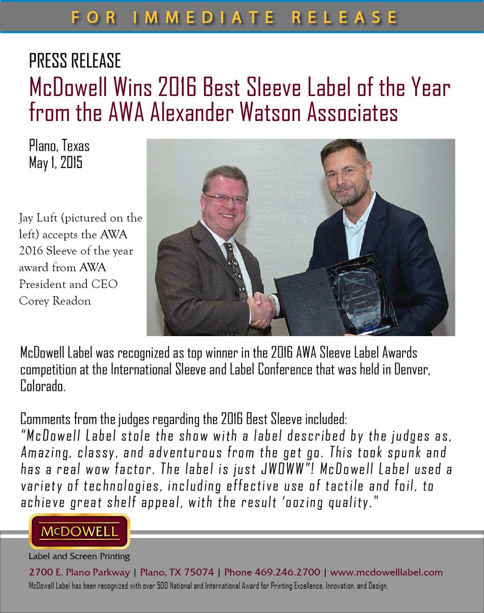 McDowellLabel's tweet photo. #McDowell Label wins 2016 Best Sleeve of the Year from Alexander Watson Associates #AWA https://t.co/hqeR4wpSlx