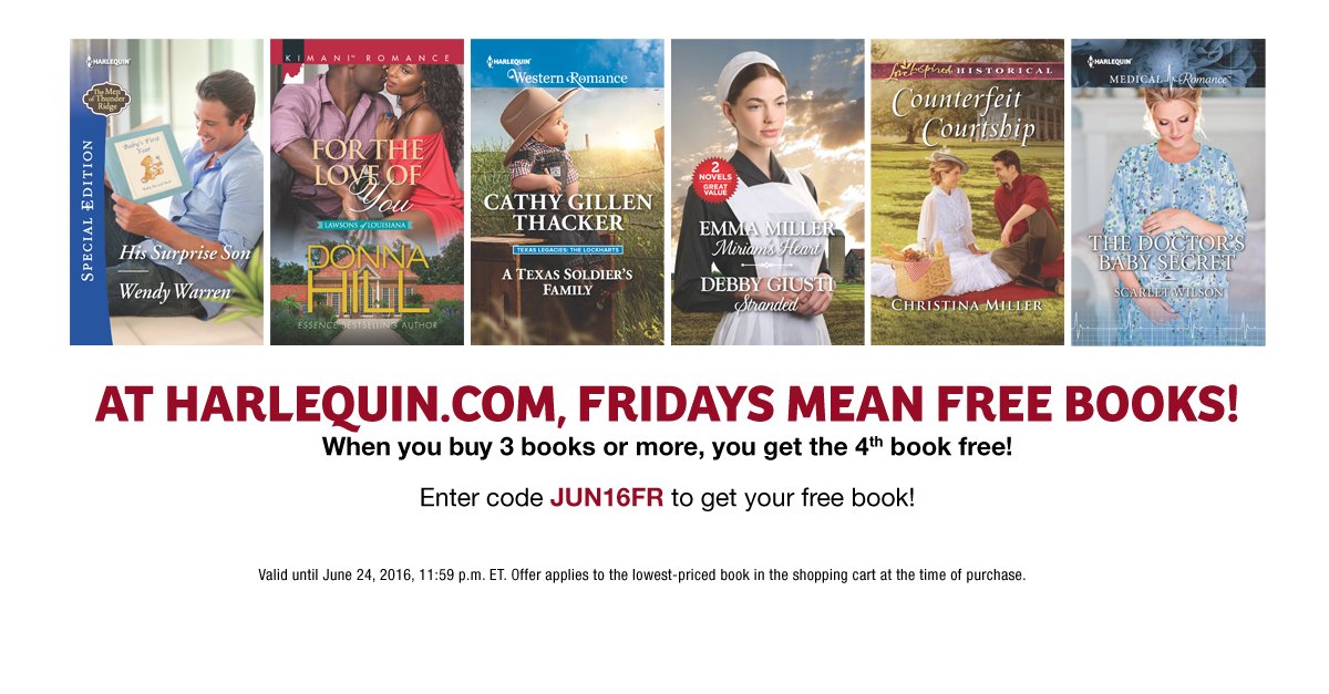 HarlequinBooks's tweet photo. Did someone say FREE!!? It's #FreebieFriday! Buy 3 books, get the 4th FREE w/code JUN16FR! https://t.co/18e1WAxpFk https://t.co/Q7C2X1mu5U