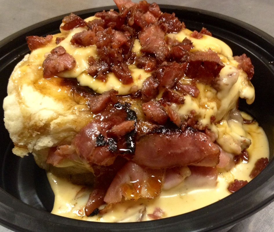 JBoucaniere's tweet photo. Lamb Pastrami Biscuit w/Cheese on a bed of White Gravy, topped with Sausage bits+Steen's Drizzle, Reve Coffee+more https://t.co/RPN9gOS4V1