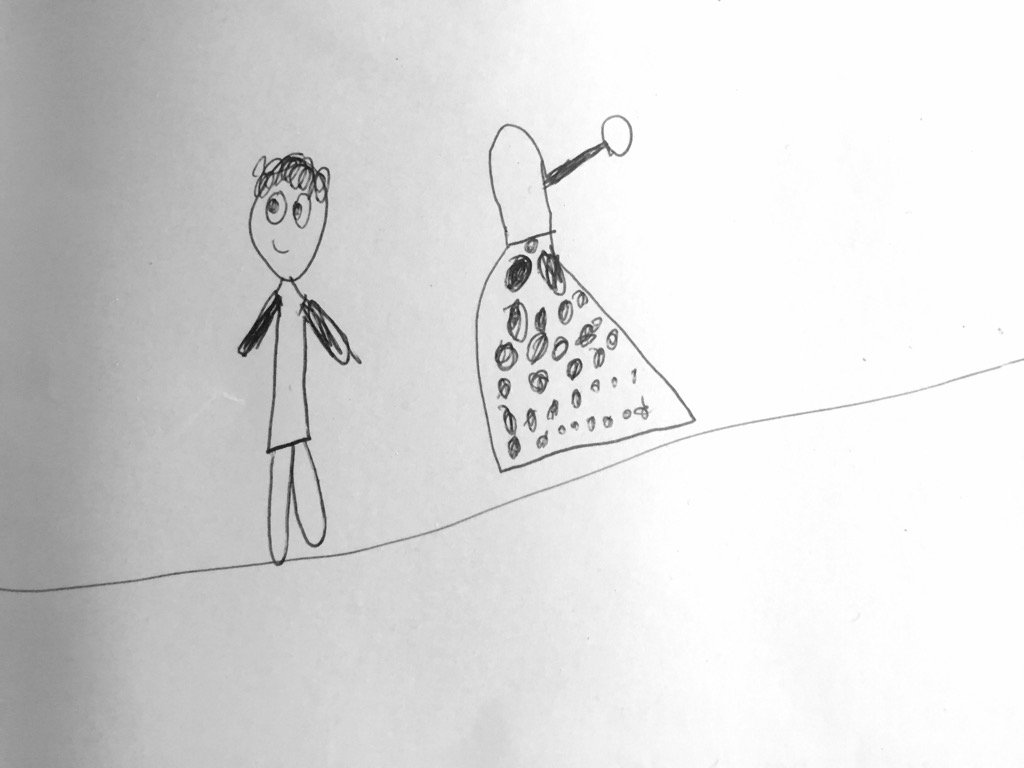 An attempt at cheering up: the 6 year old has drawn @Pearlie_mack 's first day filming #doctorwho