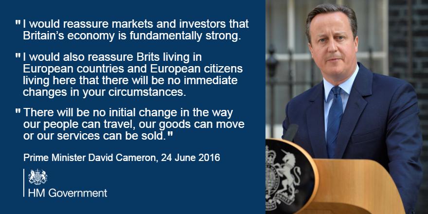 10DowningStreet's tweet photo. PM: I would reassure markets and investors that Britain’s economy is fundamentally strong. #EURefResults https://t.co/MhFvNprpbP