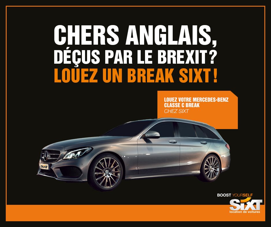 SixtFR's tweet photo. #Brexit Chers Anglais, déçus par le Brexit ? Louez un Break Sixt sur https://t.co/SV2FebG0oc 🇬🇧 https://t.co/BhfxSoc70v