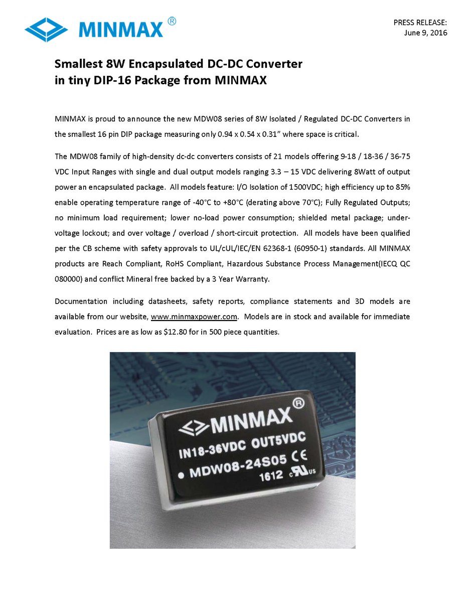 minmax_power's tweet image. PRESS RELEASE: MDW08 Series, Smallest 8W Encapsulated DC‐DC Converter in Tiny DIP‐16 Package from MINMAX.