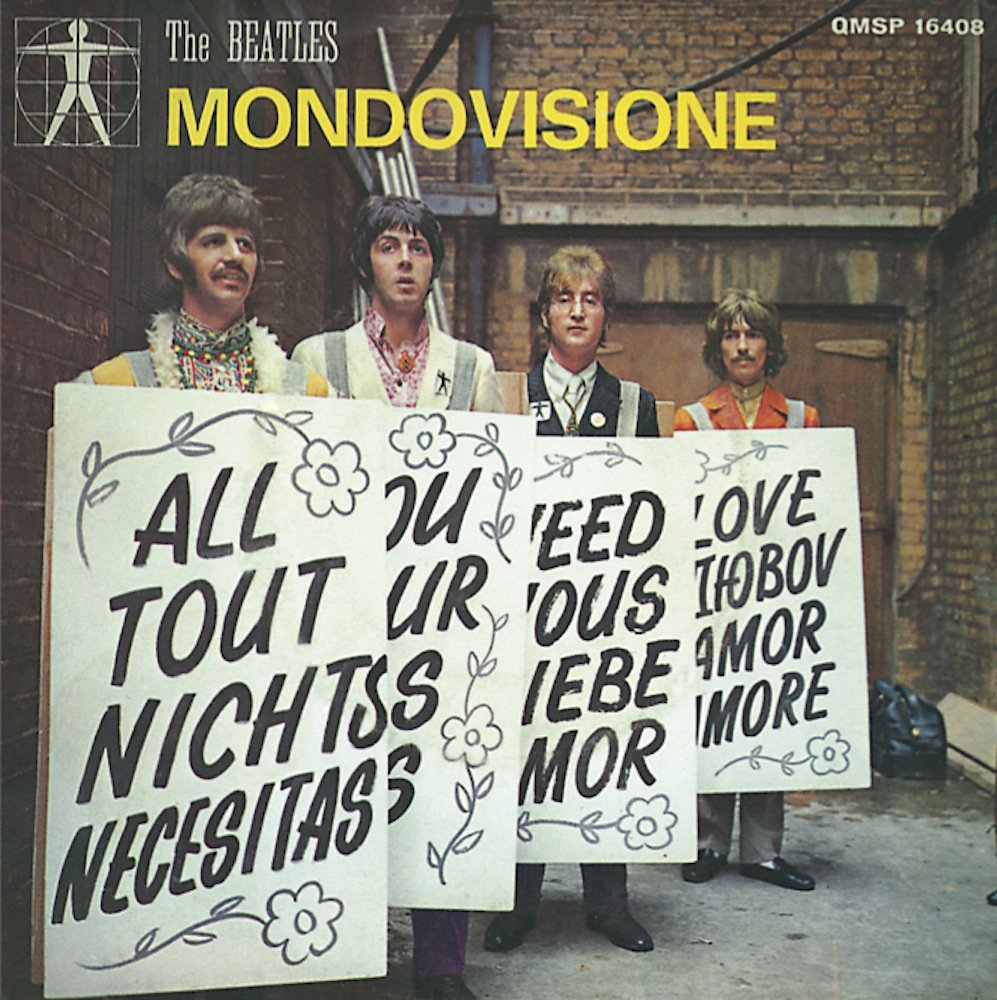 thebeatles's tweet photo. #OTD 1967, Saturday - photo session of the band wearing sandwich boards announcing 'All You Need Is Love' https://t.co/5q7PWJ8bNz