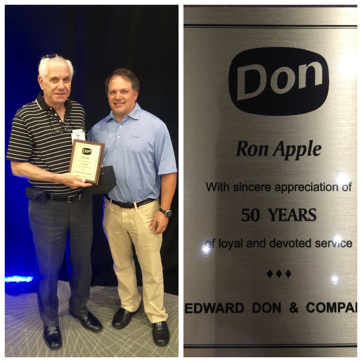 EdwardDonCo's tweet photo. Congratulations Ron Apple on your 50 years at DON! #DONfamily #DONexpo #DONforce #DONexpo16 https://t.co/0JFBr1T5nM