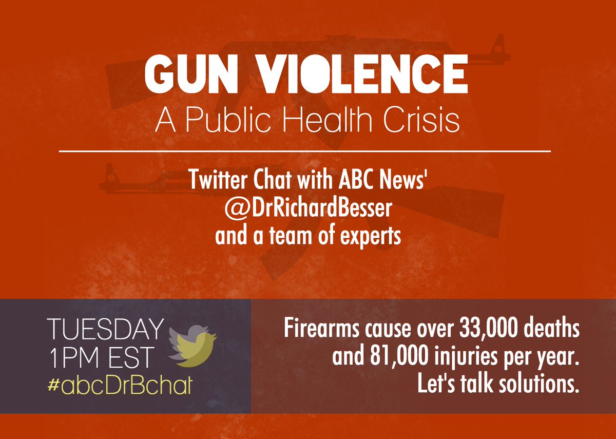 ABCNewsHealth's tweet photo. Tuesday at 1PM: Join @ABC's @DrRichardBesser for a Twitter chat on #gunviolence. Let's talk solutions at #abcDrBchat https://t.co/GdTKswzXtd