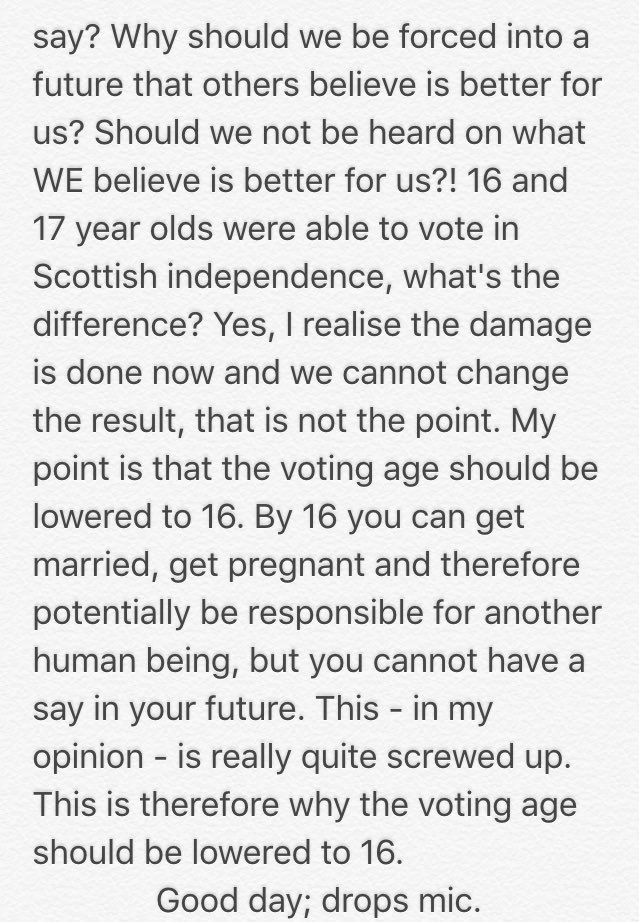 Agbreathinx's tweet photo. Why 16 and 17 year olds deserve a vote. I urge you to read this and please RT. 

#EURefResults https://t.co/rFkU3oKQLP