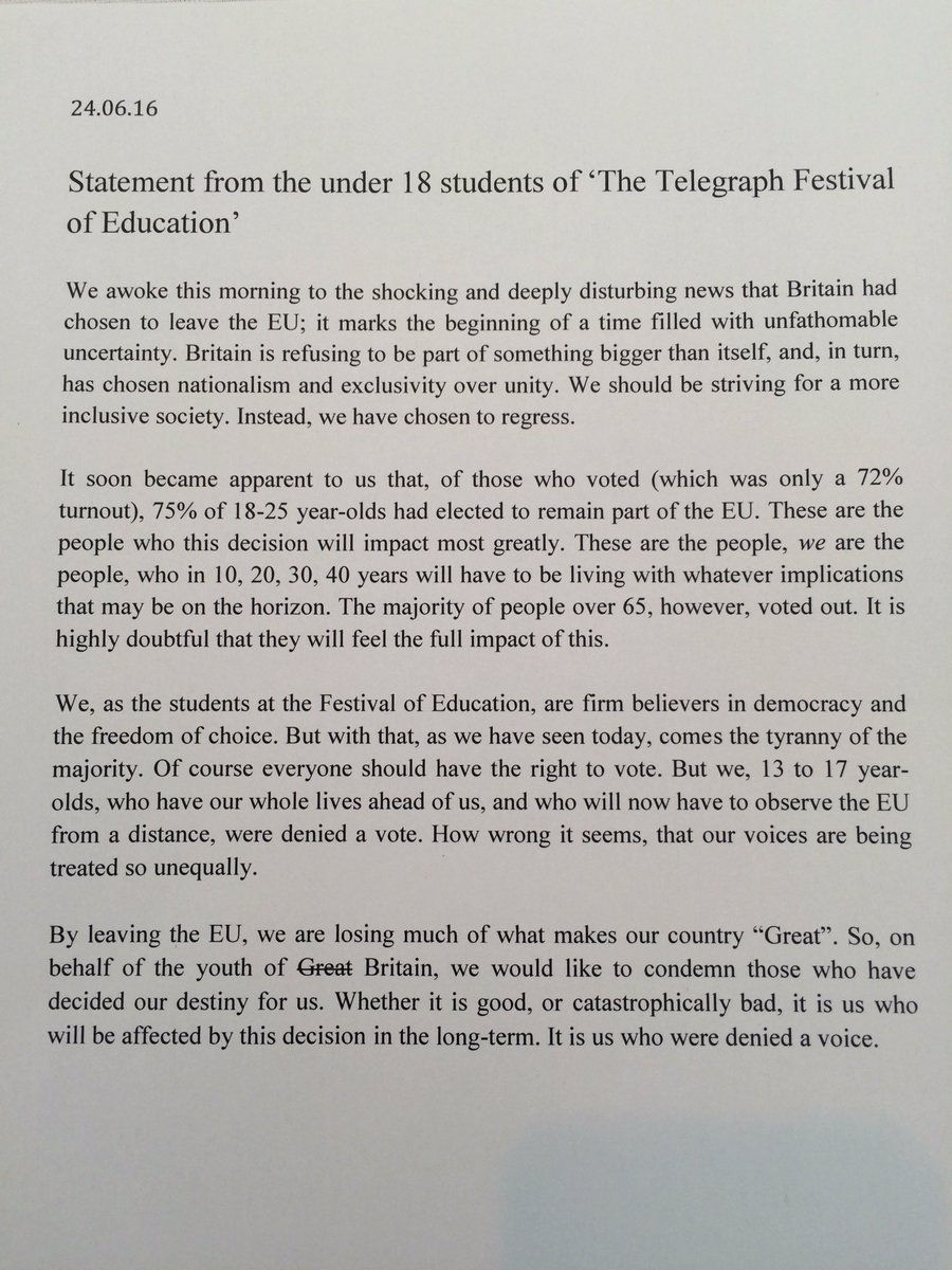 SchoolsWeek's tweet photo. Hot off the press ... Statement from under 18s on @EducationFest #educationfest @Welly_Master https://t.co/wTzGPVSVYh