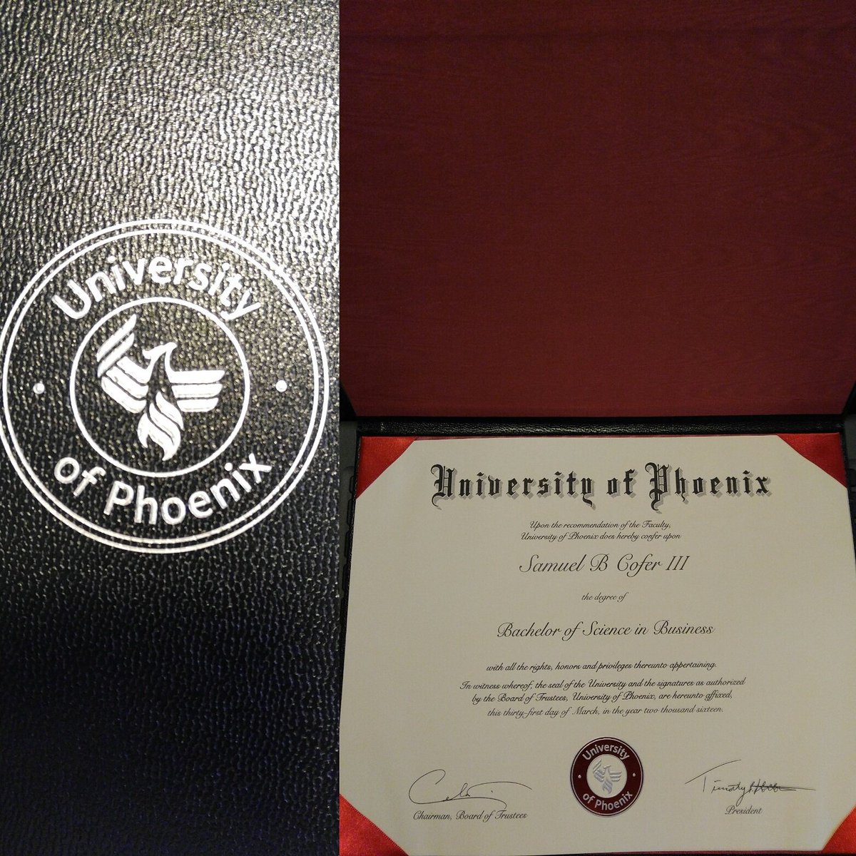 sbc3re's tweet photo. Just received my degree... I'm officially a college graduate!!! #ImaPhoenix @UOPX #lawschoolhereicome #keeppushing https://t.co/Bo3uMzQv5Z