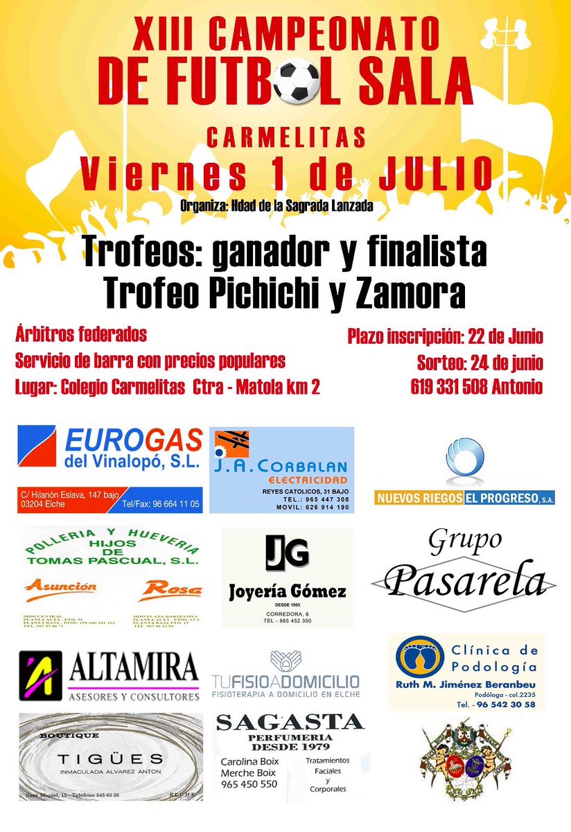 El próximo día 1, tendrá lugar el 24 horas de Fútbol Sala organizado por nuestra Hermandad.
¡Os esperamos a tod@s!