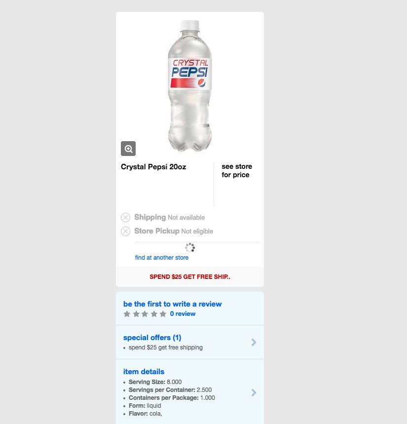 fizzledout's tweet photo. Target had crystal pepsi listed on their site before pulling it. Google still has the cached page. ITS_HAPPENING.GIF https://t.co/72TC897QI8