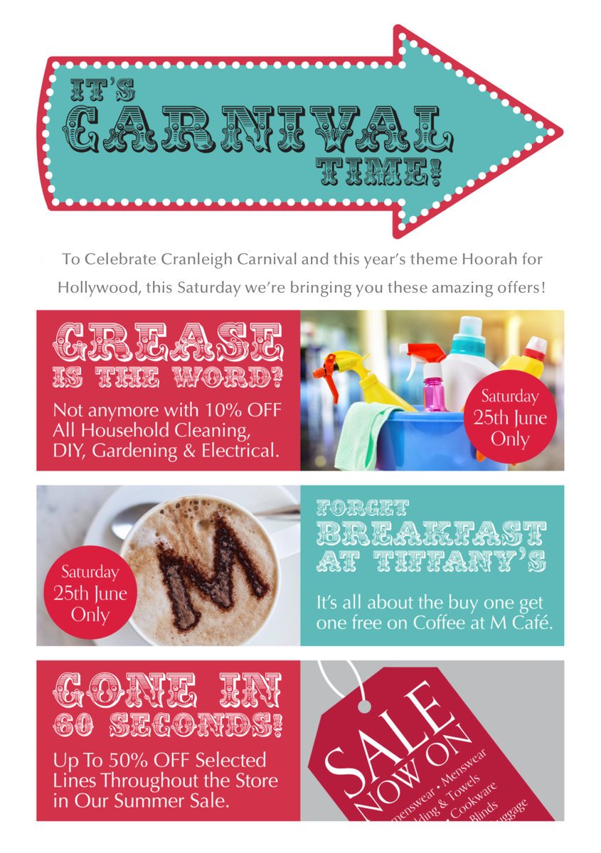 MCafeManns's tweet photo. It's #Cranleigh #Carnival today in the village &amp; we're celebrating with these amazing offers in the café and store! https://t.co/S0B9SUGGsO