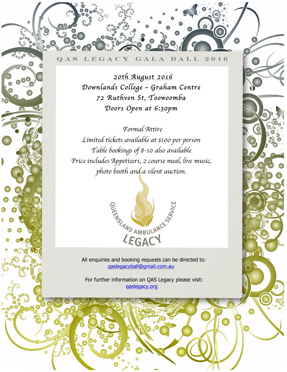 QAS Legacy Gala Ball tickets now available. Numbers limited so book now!