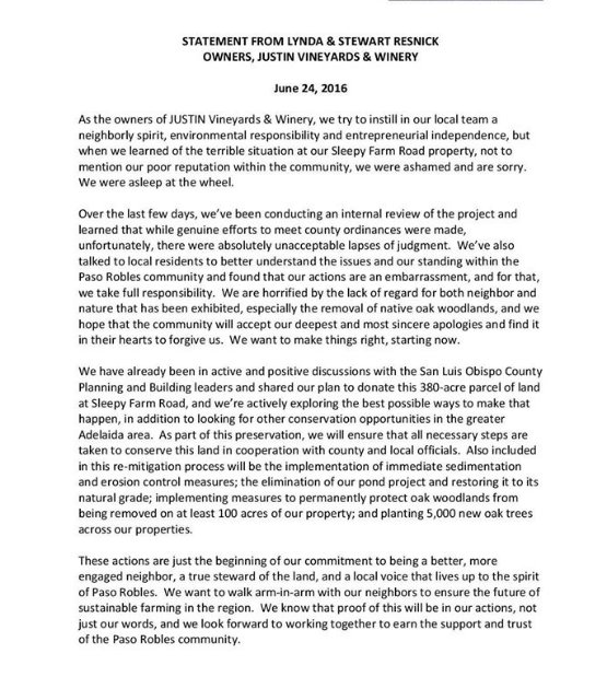 NewTimesSLO's tweet photo. #BREAKING Justin Vineyards to donate land it cleared of thousands of oak trees. "We were asleep at the wheel" https://t.co/B5Qpyw727t