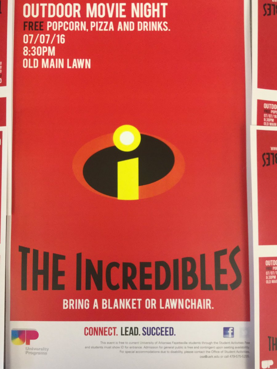UParkansas's tweet photo. Join UP for our outdoor movie event: The Incredibles! FREE popcorn, pizza, and drinks. Old Main Lawn at 8:30 pm. 🎬🍿🌲 https://t.co/fbB8VBTRWi