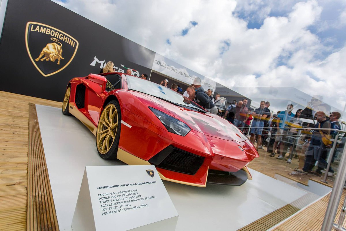 MotorKings's tweet image. The Lamborghini stand at the Goodwood Festival of Speed with the Aventador Miura Homage and the Huracán Super Trofeo