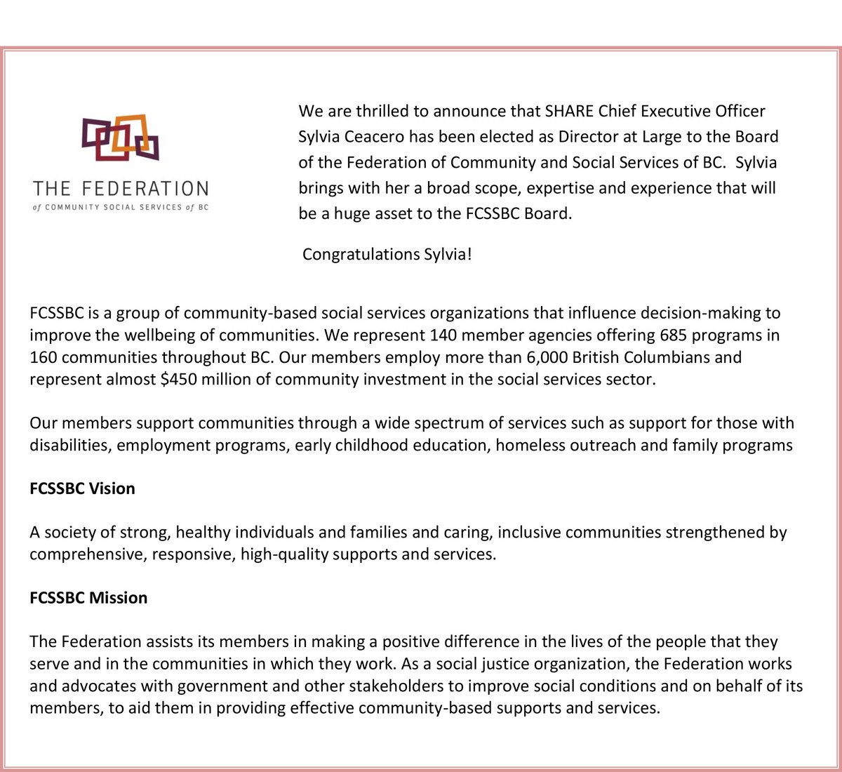 SHARESociety's tweet image. Exciting news, SHARE CEO Sylvia Ceacero has been elected to the Board of FCSSBC!  Congrats! @Bibita8 @FCSSBC