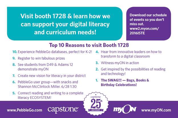 ToddBrekhus's tweet photo. Top 10 reasons you need to visit booth 1728 at #ISTE2016!! #EdTech @myONreader #literacy https://t.co/3Ut098TYIQ