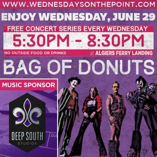 AlgiersWOTP's tweet photo. Join us this Wednesday, June 29, in Algiers for a great show with Bag of Donuts! Thanks to Deep South Studios https://t.co/sPN6mdfHPg