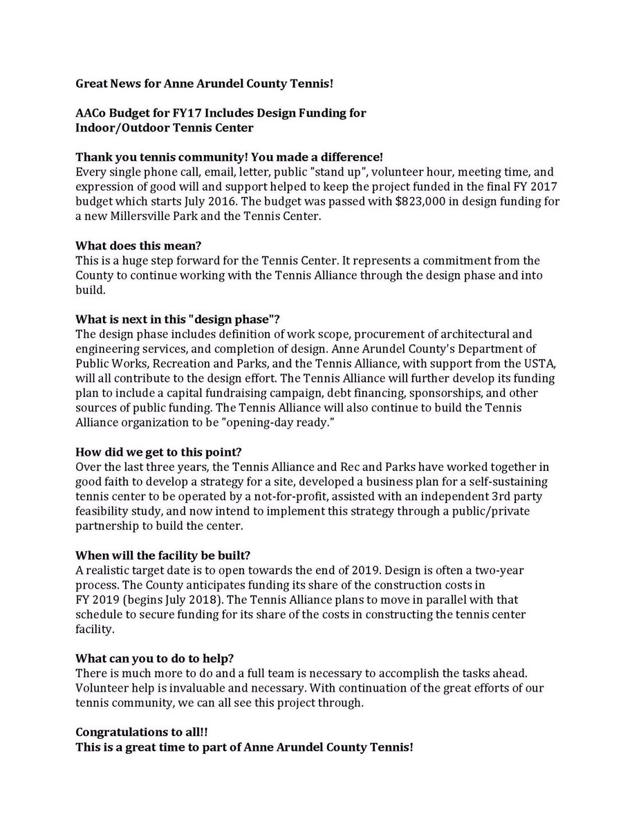 Thrilled to share that there is money in the 2017 #AACo budget for a tennis center! 🎉🎾 #AnneArundel 

Read more: