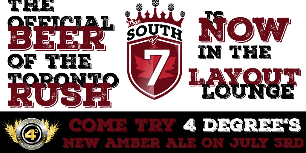 TorontoRush's tweet photo. South of 7, @4degreesbrewing new amber ale, will be at the July 3rd game! https://t.co/ioyidPlSrQ