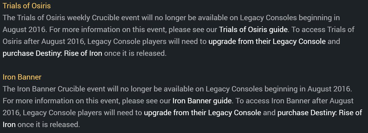 DestinyNews_net's tweet photo. No Trials, Iron Banner, or live events for legacy consoles - effective this August 
https://t.co/rtdffwtbc4 https://t.co/BlKB5pxuZn