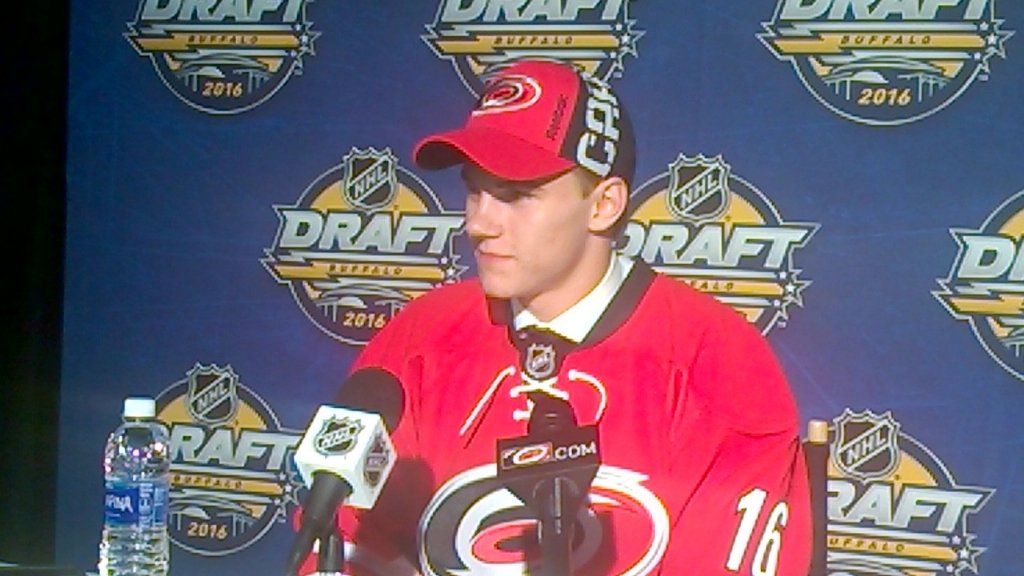 HockeysFuture's tweet photo. Michael McLeod holds his first presser as a Carolina Hurricane. 2016 #NHLDraft. #Canes https://t.co/aSFeHby3GW