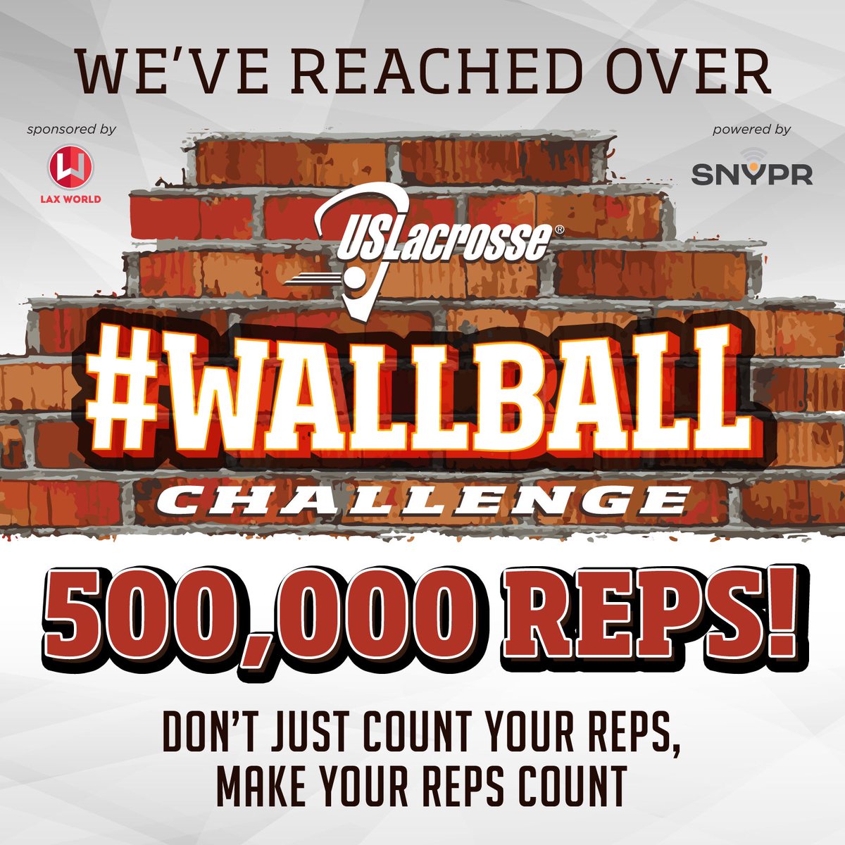 snyprlax's tweet image. We just broke the 500,000 rep mark in the @uslacrosse #WallBallChallenge! ...in only 10 days! Keep it up!
