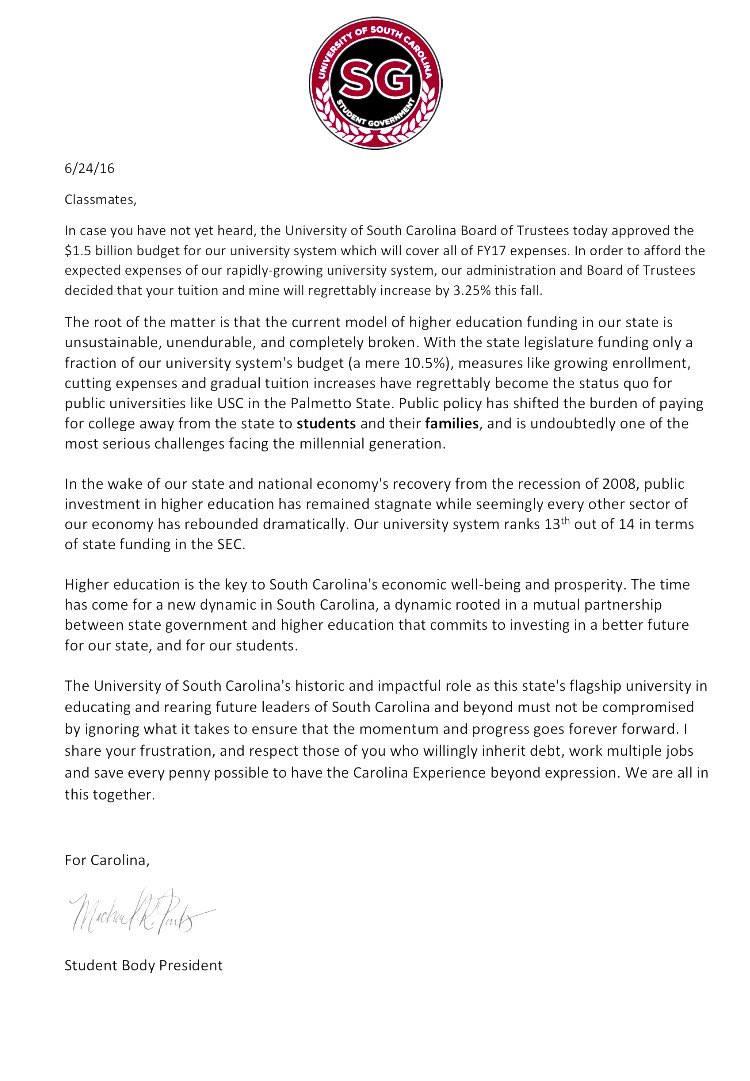 <a href="/UofSC/">University of South Carolina</a> students: Your tuition was raised by 3.25% today. Here's what I want you to know.