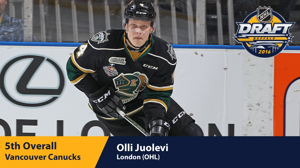 NHL's tweet photo. With the fifth pick in the 2016 #NHLDraft, the @VanCanucks select Olli Juolevi. https://t.co/1RQuvsBnUm