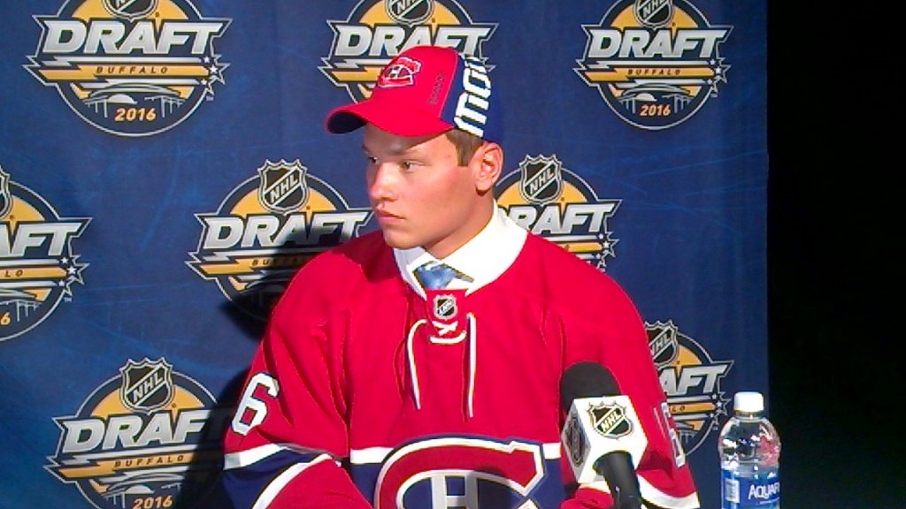 HockeysFuture's tweet photo. Mikhail Sergachev gets his first taste of the Montreal media at the 2016 #NHLDraft. #Habs https://t.co/FKZdjYIAw3