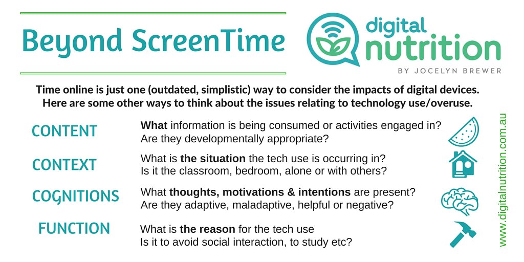 JocelynBrewer's tweet image. Let&apos;s get beyond simply #screentime.  Ask these questions to evaluate #techuse. #screenagers #digitalnutrition