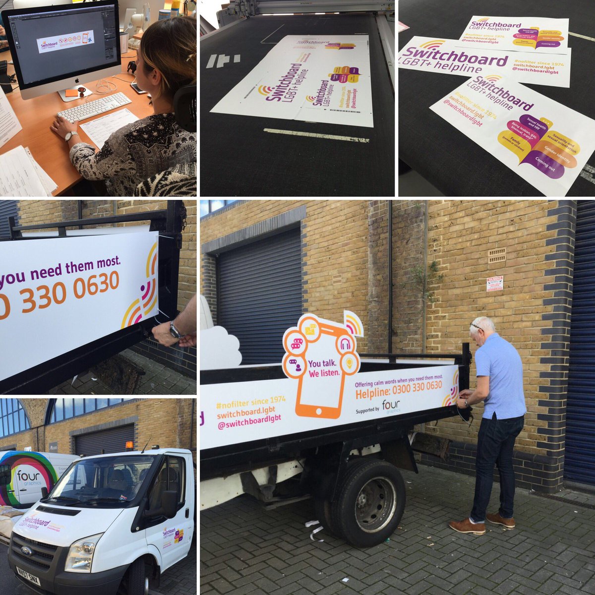 switchboardLGBT's tweet image. Pics of @fourgraphics our amazing sponsor printing signs for our float! See you in the #Pride parade #nofilter 🌈