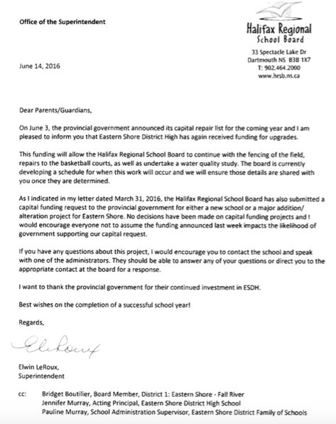 Letter to parents re June 14, 2016 update on ESDH renovation funding: hrsb.ca/node/26618